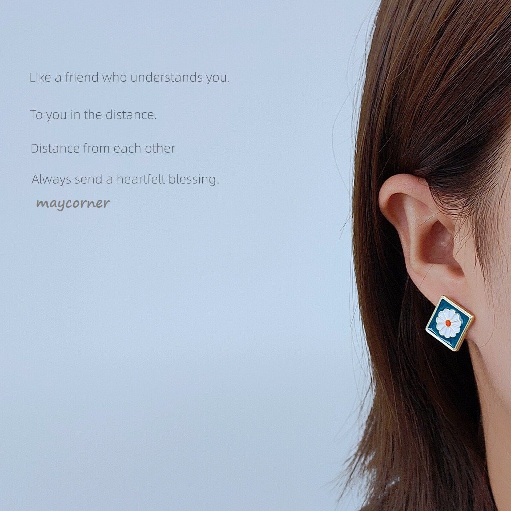 Khuyên tai petro xanh hoa cúc mạ bạc 925 cao cấp