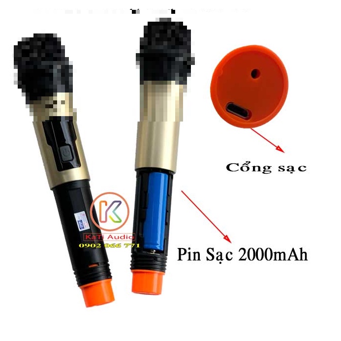 Bộ 2 Micro Sạc Karaoke Không Dây Cho Loa Kéo - Amply Cao Cấp Tặng Kèm Pin Sạc to 18650 loa  kéo  200w