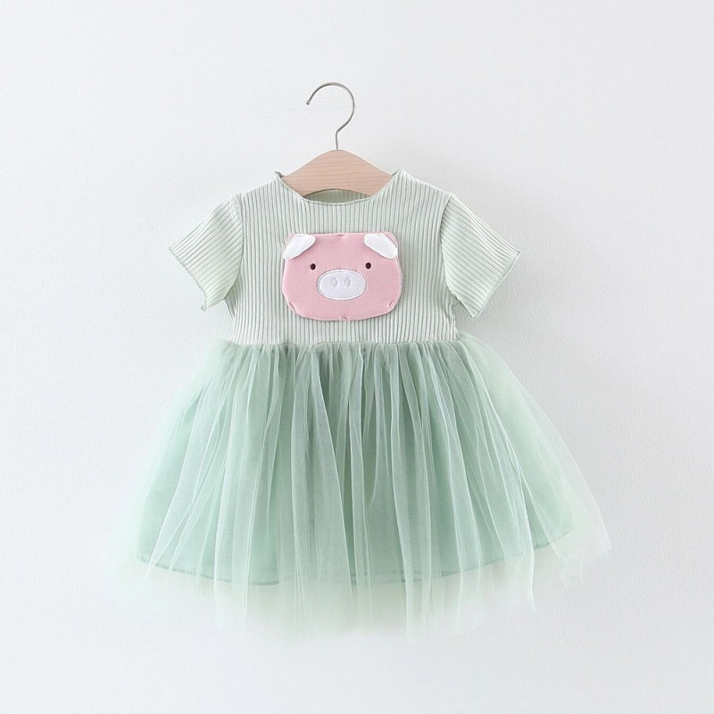 Đầm ngắn tay in hình chú heo dễ thương cho bé gái