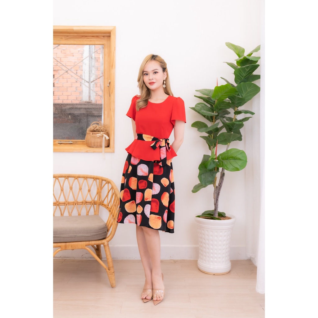 Đầm nữ thiết kế tinh tế hoạ tiết chấm bi Váy Lucy peplum vàng đỏ 0713
