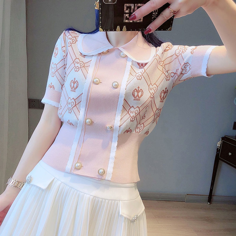 Áo Dệt Kim Tay Ngắn Cổ Búp Bê Ôm Dáng Thời Trang Mùa Hè Xinh Xắn Cho Nữ