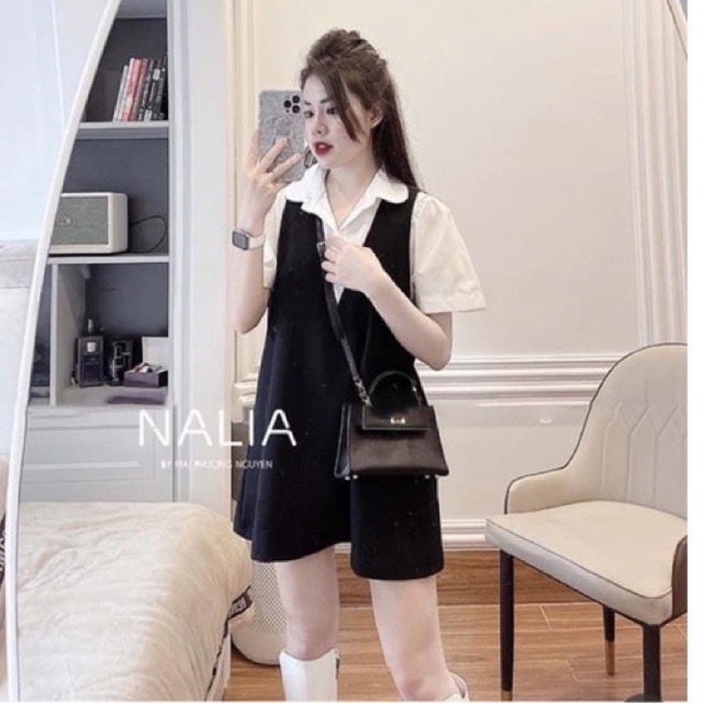 Set bộ áo sơ mi trắng tay cộc mix yếm váy cổ V siêu hot L1 ptp
