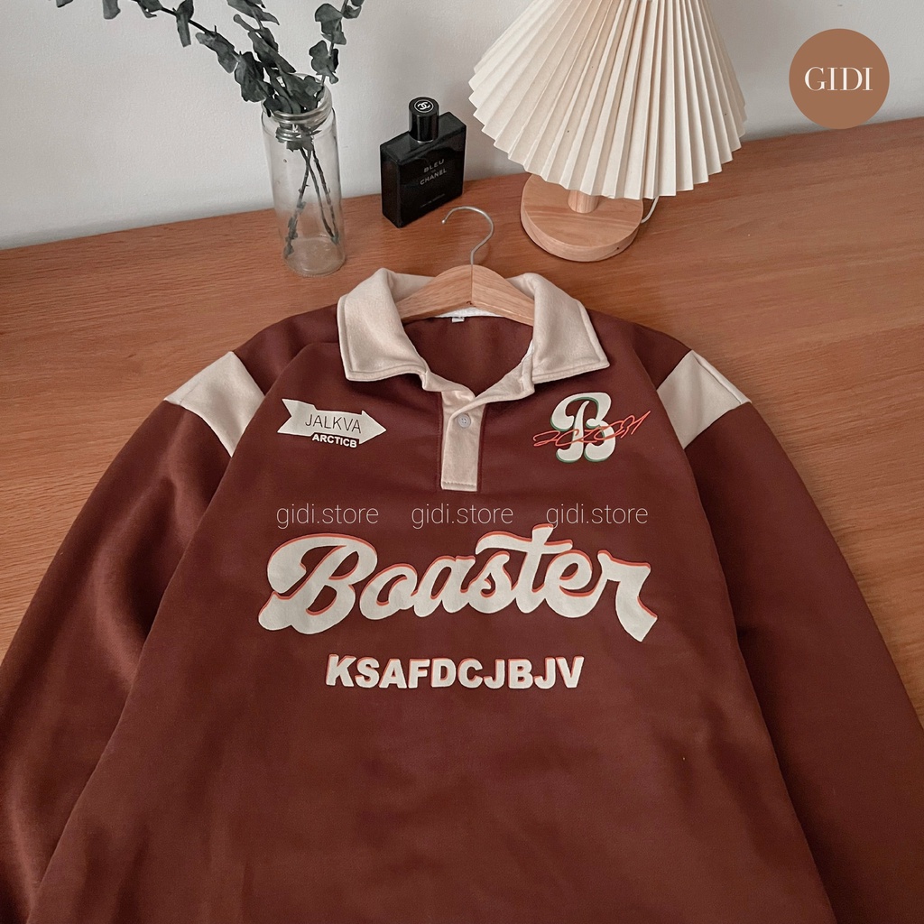 Áo Sweater Boaster cổ POLO Nam Nữ Unisex in chữ màu xám xanh/ trắng/ xám/ choco/ tan vải nỉ lót bông form rộng OVERSIZE
