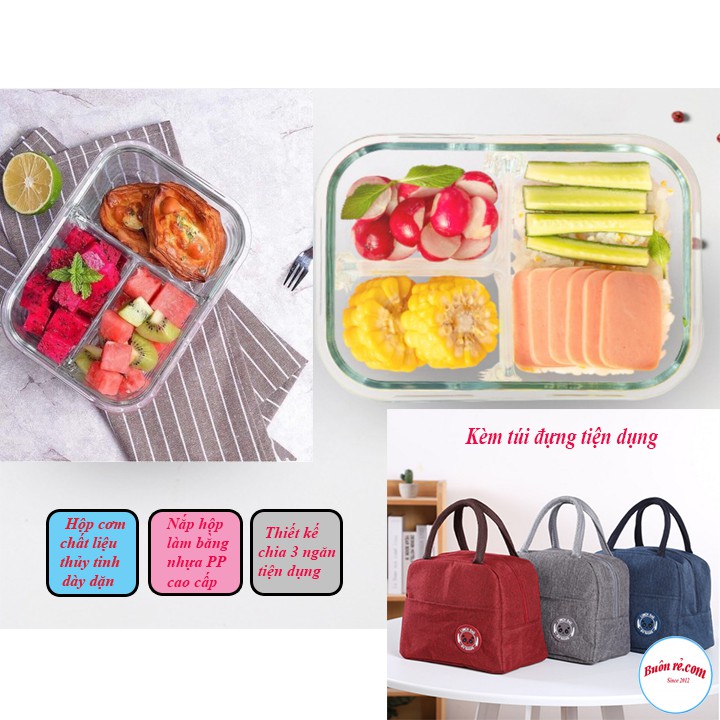 COMBO Cơm văn phòng - Túi đựng cơm Lunch Bag - Hộp thủy tinh 3 ngăn dày dặn, siêu chịu nhiệt 00995