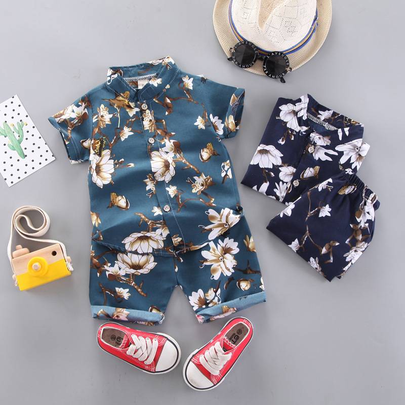 0-5 tuổi Chàng trai Thời trang Mùa hè Trẻ em Quần áo ngắn tay Boy Hoa Mẫu Áo sơ mi ngắn tay + Quần short 2 mảnh Set