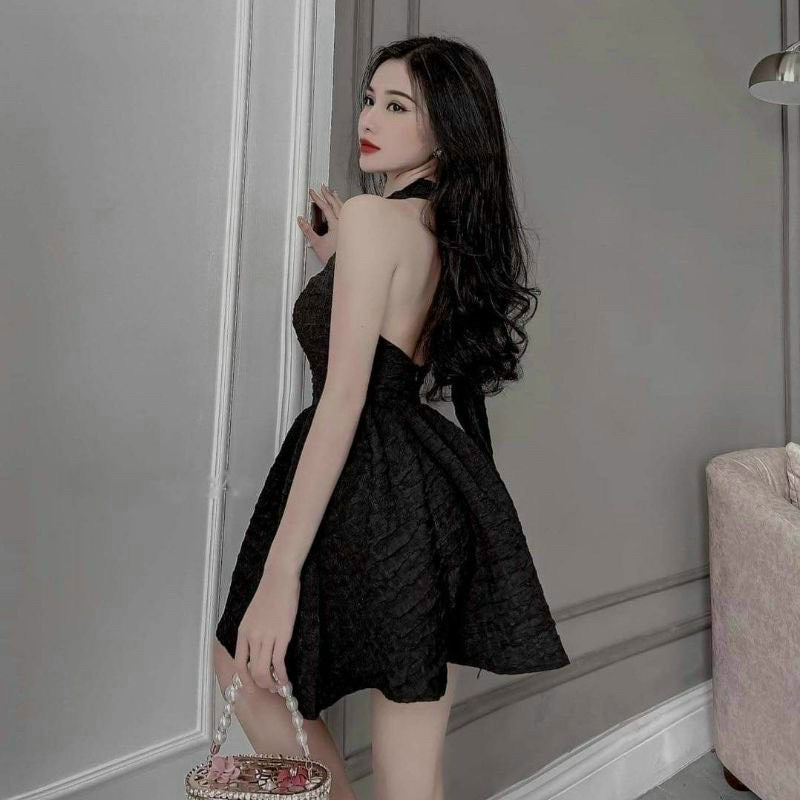 Váy xòe cổ yếm, Đầm gấm xốp cổ yếm dây dài cột nơ có mút dáng xoè ngắn vải dày dặn có khóa kéo mặc đi chơi đi tiệc
