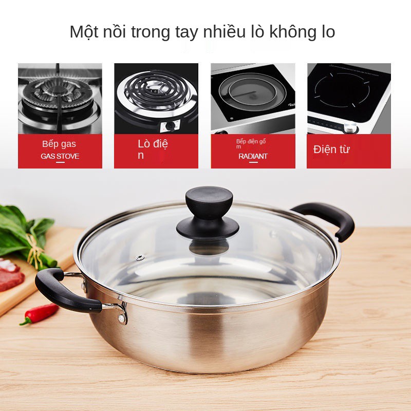 ☃Nồi nấu phở dày inox Meishida lẩu bếp từ hai tai có nắp thủy tinh đáy phẳng súp