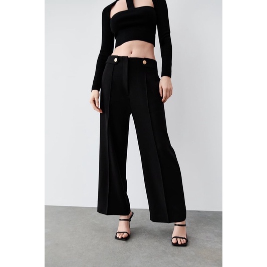 Quần Trousers Nữ Lỉa Cúc Ống Suông Đen ZR