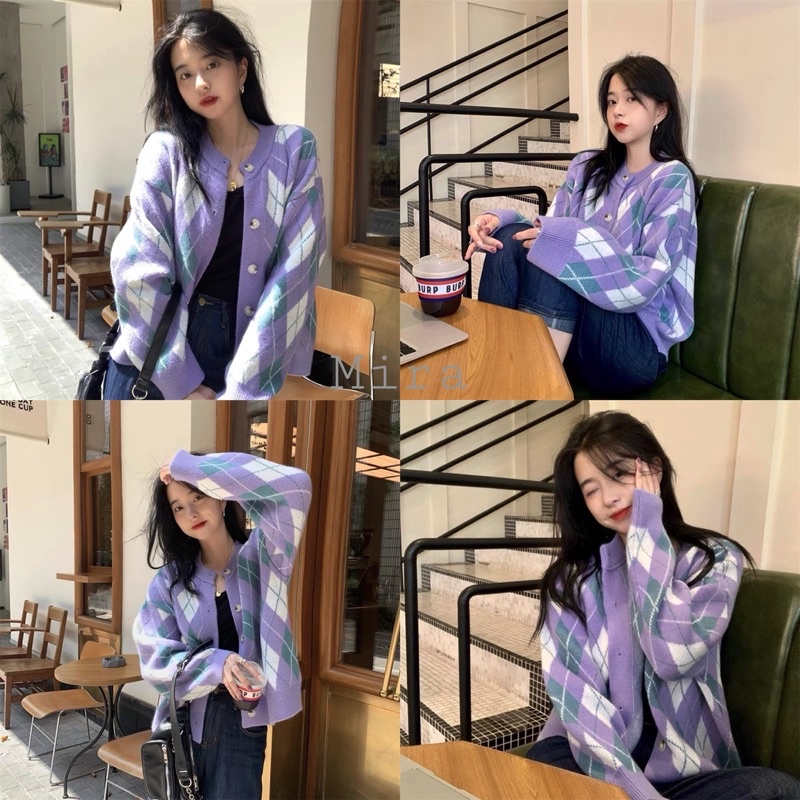 Áo khoác len Cardigan hoạ tiết màu tím ullzang