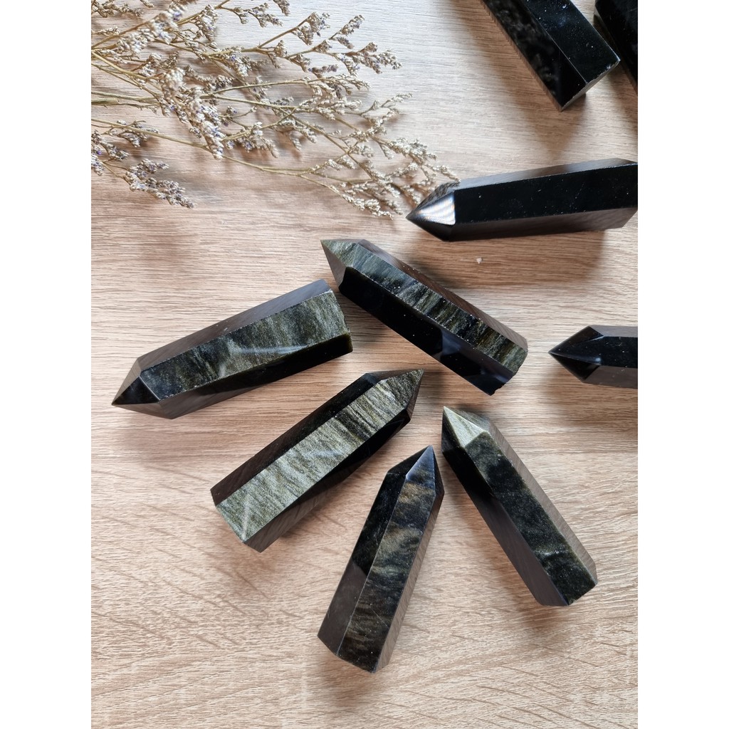 Trụ đá thanh tẩy Black Obsidian Gold Sheen, trụ đá thach anh dùng trong Tarot, Reiki, đá phong thủy