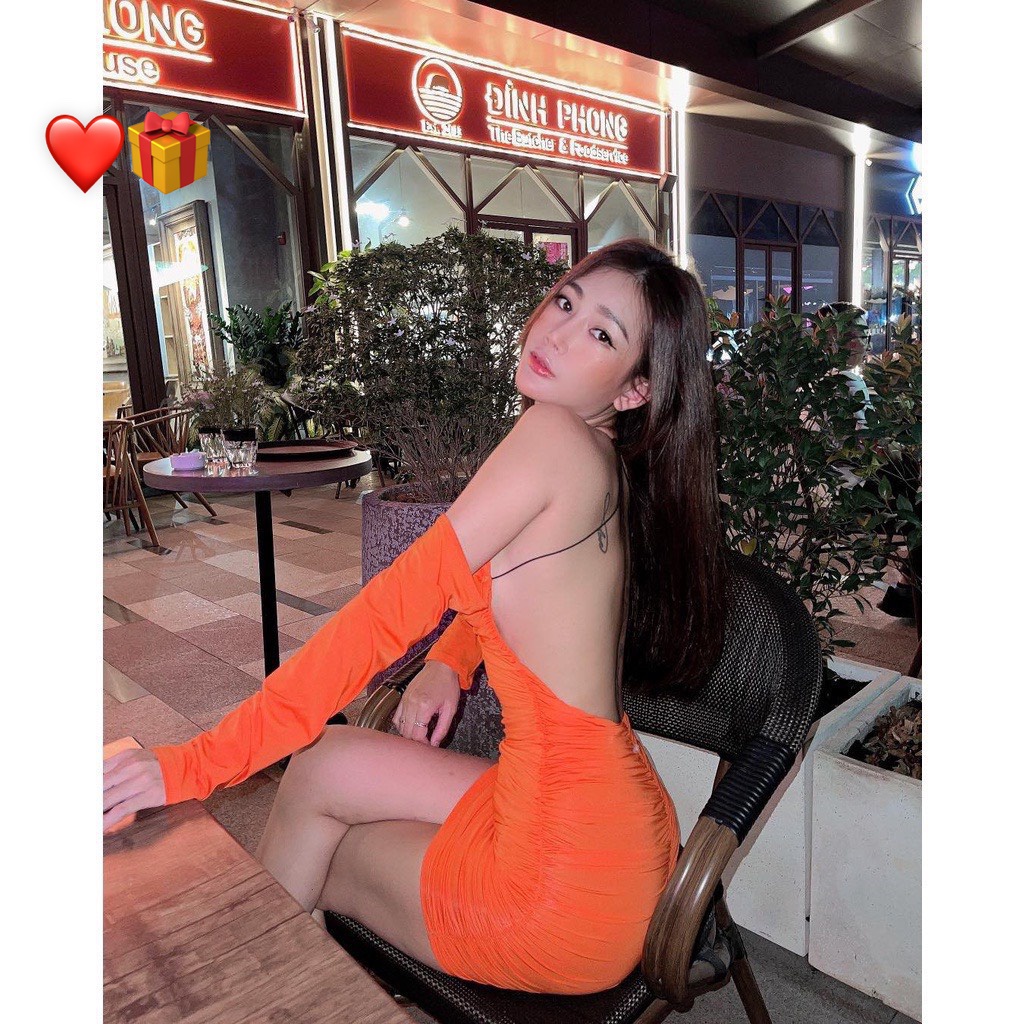 Đầm body nữ dáng ngắn kiểu dây bún hở lưng sexy tay dài hot