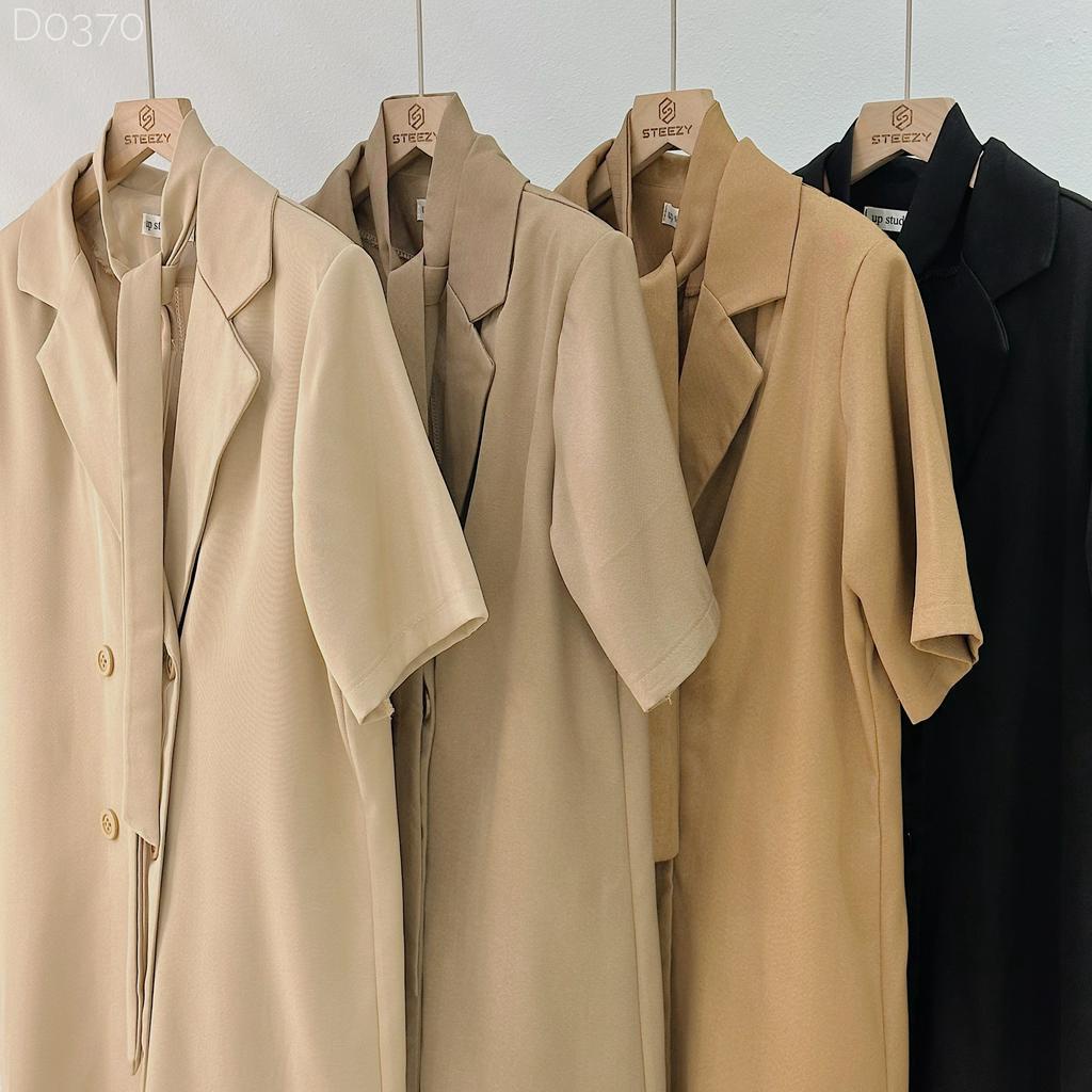 [D0370] Đầm cổ vest hai hàng khuy kèm dây đai form rộng (Có sẵn/ảnh thật)