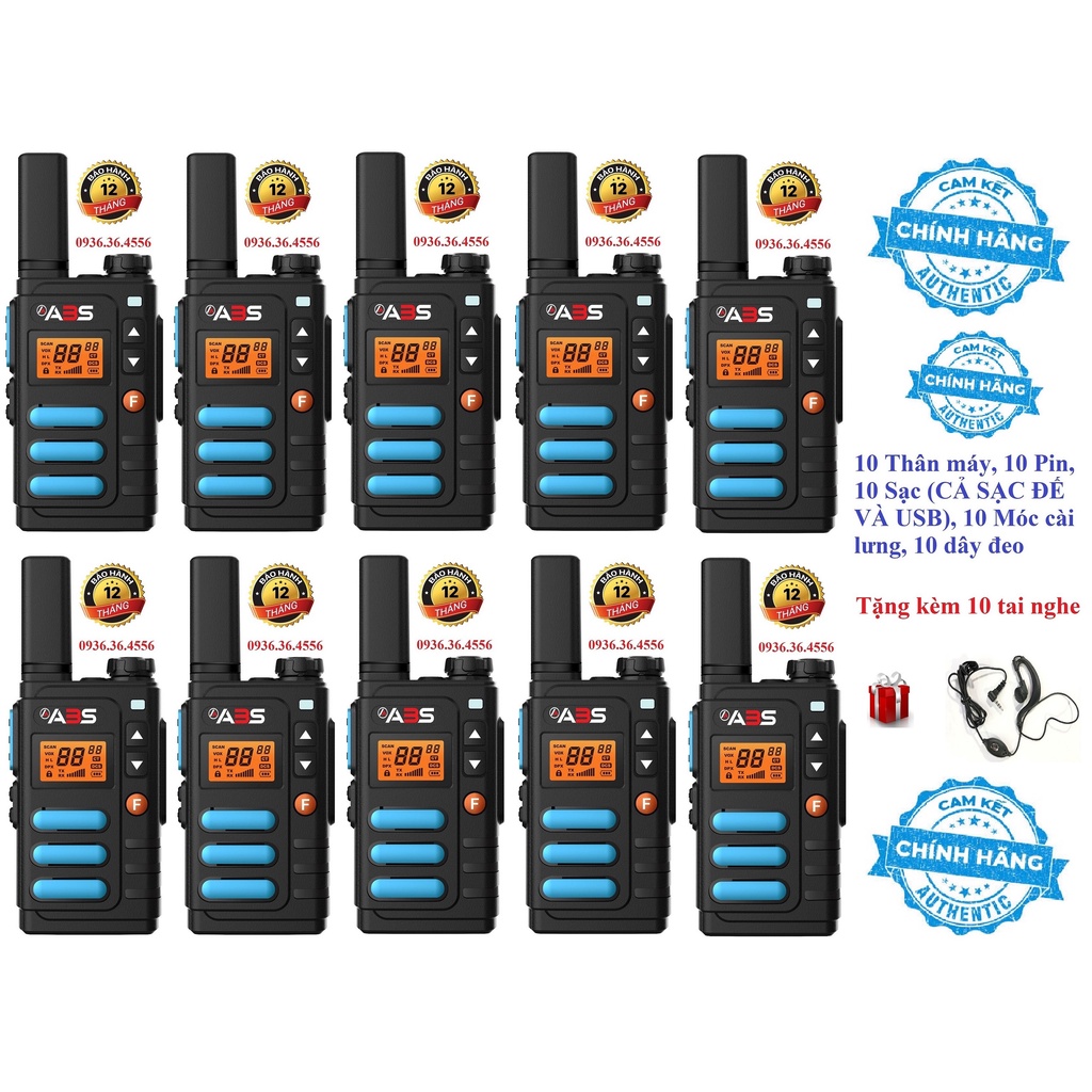 Bộ 10 Chiếc Bộ đàm Siêu nhỏ cao cấp 2 Phương thức Sạc ABS AB3688 (Hàng chính Hãng, Siêu Đẹp, Hỗ trợ Tắt/Bật rảnh Tay)