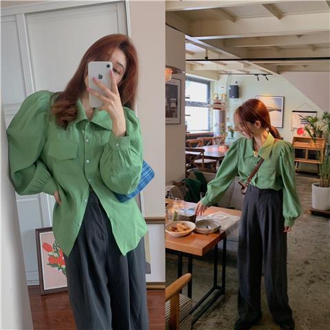 ✿☌Áo Thun Dáng Rộng Màu Xanh Lá Cây Retro Mùa Thu Năm 2021