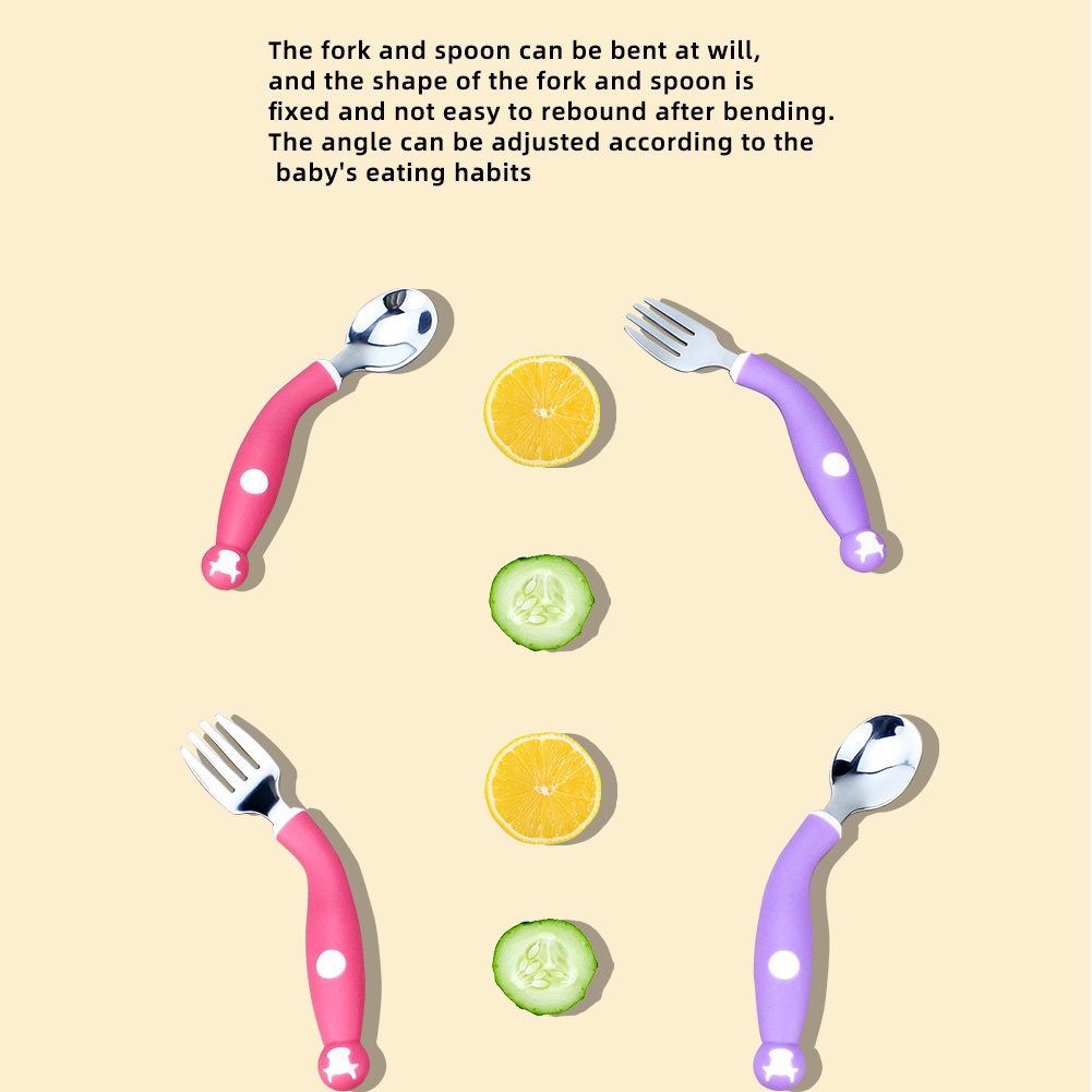 Bộ thìa dĩa tập xúc bẻ cong 360 độ chất liệu inox 304