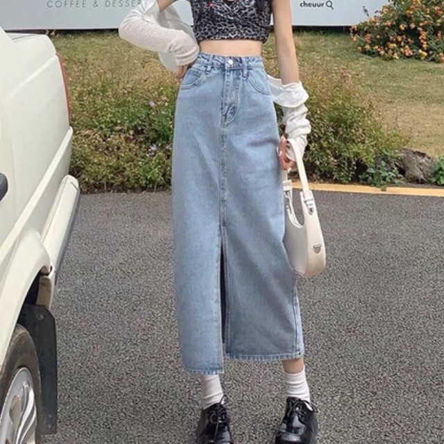 Chân váy dài cạp cao xẻ trước phong cách Ulzzang_A12