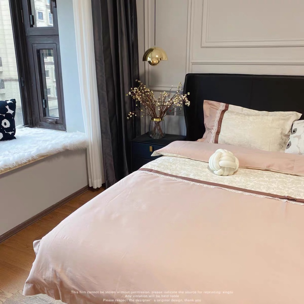 Bộ chăn ga gối lụa sateen 100s LIDACO mix ren nơ sang trọng