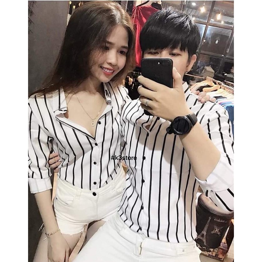 ÁO SƠ MI NAM NỮ SỌC TRẮNG ĐEN, ÁO SƠ MI CẶP THỜI TRANG (y hình) | BigBuy360 - bigbuy360.vn