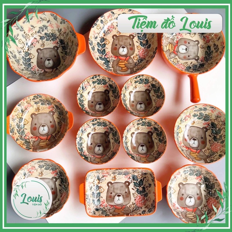 Bộ Bát Đĩa Decor Chén Dĩa Sứ Ăn Cơm Hoạ Tiết Gấu Cam Cute Decor Phong Cách Bắc Âu