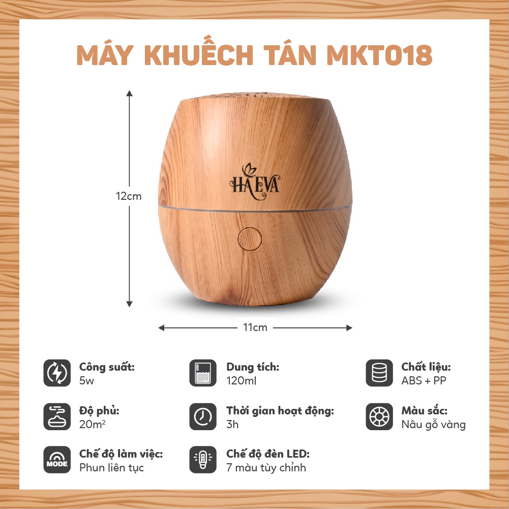 Máy xông tinh dầu Haeva MKT-018, Chất liệu cao cấp, Vân Gỗ sang trọng, đèn Led 7 màu, tạo độ ẩm, Bảo hành 18 tháng