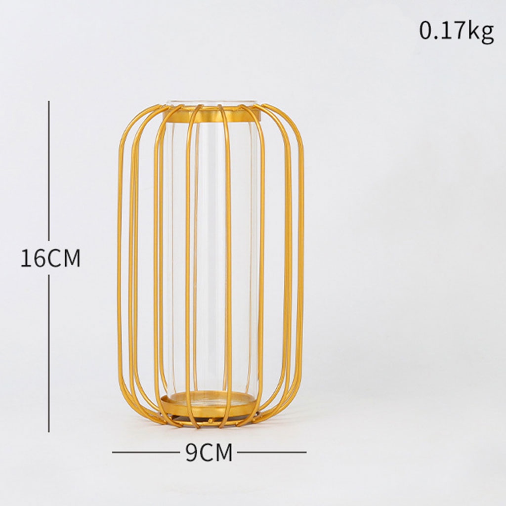 Bình hoa thủy tinh khung sắt màu vàng phong cách Bắc Âu dùng trang trí nhà cửa/văn phòng