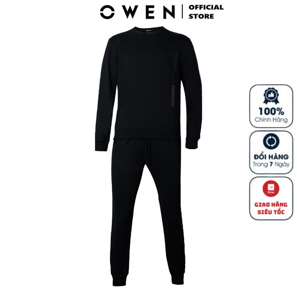 Bộ Đồ Thu Đông Mặc Nhà Nam OWEN BMN221182 Vải Thun CVC Màu Đen Dáng Suông Áo Dài Tay Cổ Tròn Bo Tay Quần Cạp Chun Bo Gấu