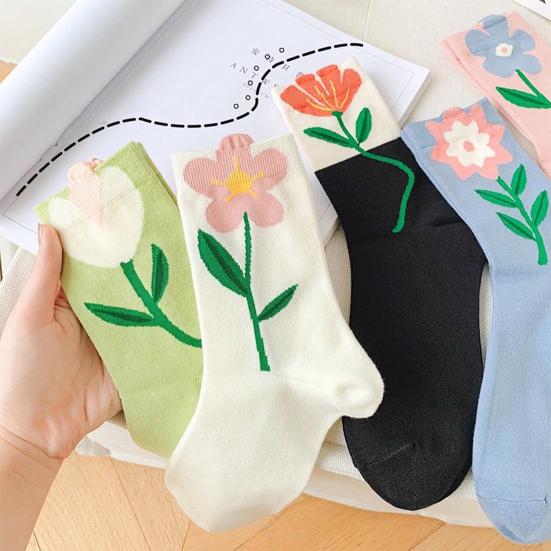 Tất vớ nữ cổ cao in họa tiết bông hoa, cỏ may mắn phong cách Hàn Quốc chất Cotton mềm mịn thấm hút mồ hôi cực tốt TD048