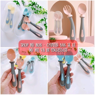 Set thìa rĩa silicon - Bộ thìa rĩa uốn cong cho bé kèm hộp - Shop Rô Ron