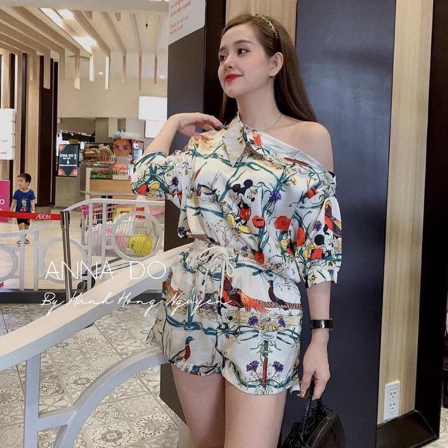 Set Bộ Lụa Chim Hoa Lá Cổ Cách Điệu , Set Sơ Mi Hoa Lá Lệch Vai Shop Hoài Thu