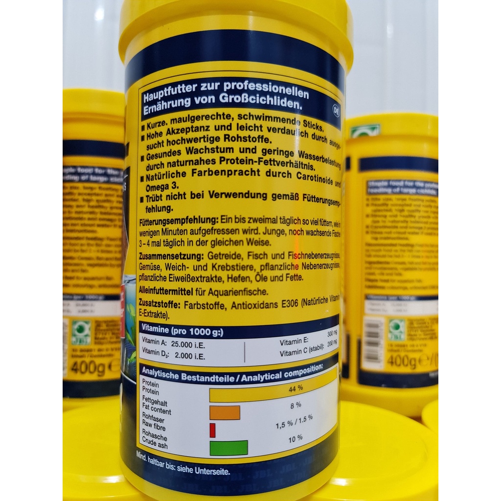 Cám viên JBL Đức thức ăn cho cá la hán lên Đầu,Màu,Châu,3in1, Hộp 400g .Hàng Đức