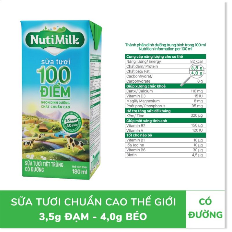 Thùng 48 bịch sữa tươi nutimilk 100 điểm có đường 180ml