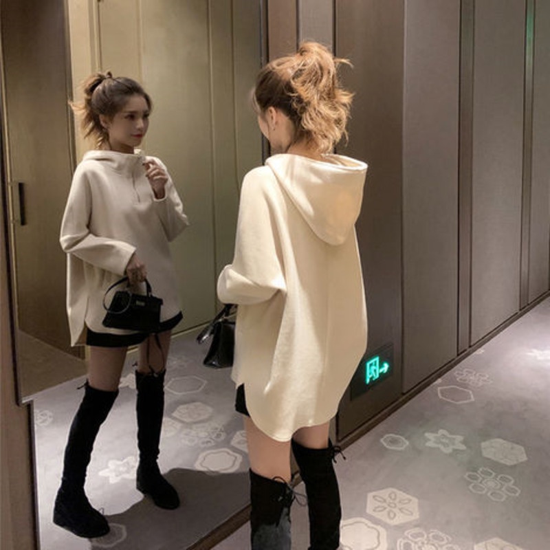 Áo Hoodie Tay Dài Màu Trơn Phong Cách Hàn Quốc Đơn Giản Dễ Phối Đồ Cho Nữ