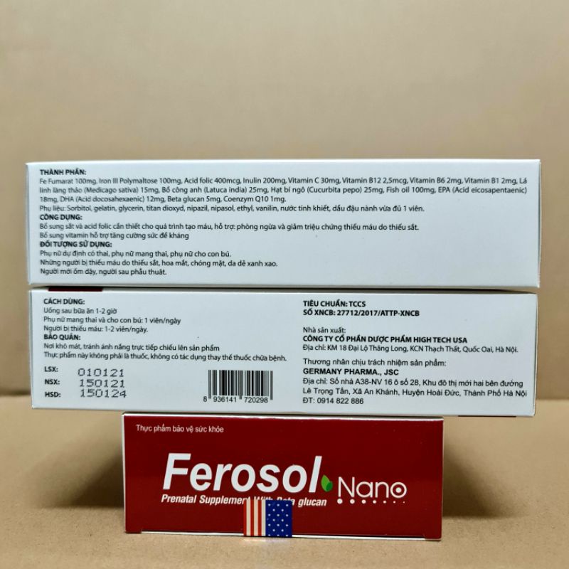 Viên uống Sắt thực vật FEROSOL NANO giúp tăng cường hấp thu, thân thiện với đường tiêu hoá - Hộp 30 viên