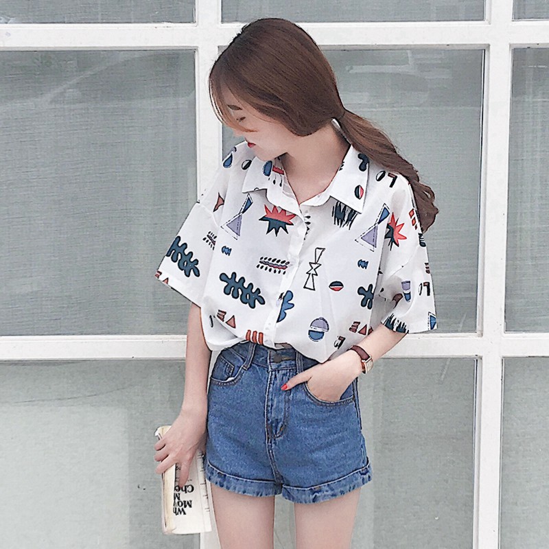 [Mã WASKT304 giảm 15% tối đa 30K đơn 99K] áo sơ mi nữ ngắn tay form rộng unisex in họa tiết phong cách hàn quốc | BigBuy360 - bigbuy360.vn