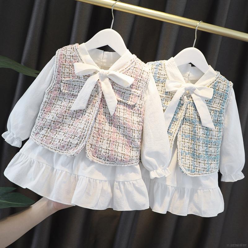 Set 2 món đầm trắng dài tay phối nơ buộc và áo khoác vest dệt kim dễ thương cho bé gái