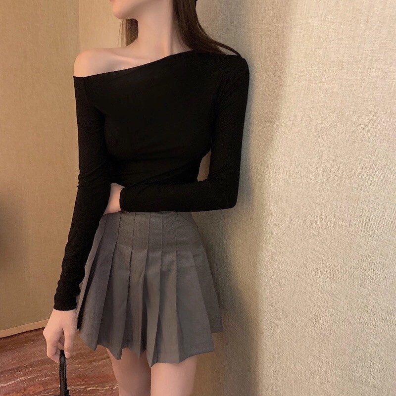 Áo thun ánh nhũ lệch vai tay dài 2