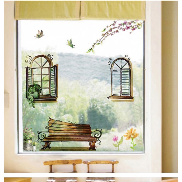 Decal trang trí cửa sổ và Ghế gỗ cổ tích