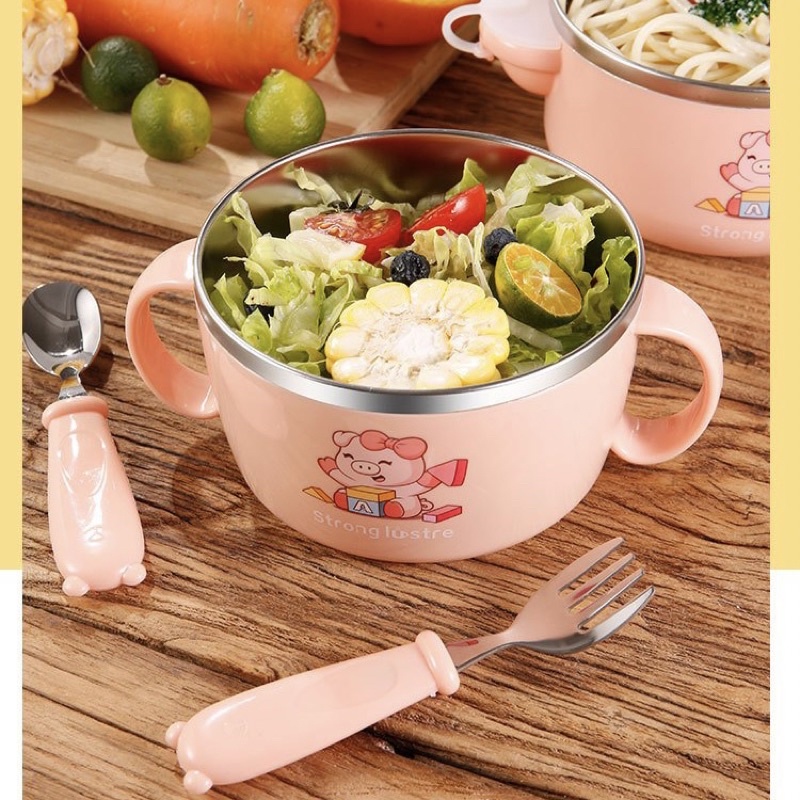 Set bát inox giữ nhiệt kèm thìa dĩa  có nắp giữ chặt, 2 tay cầm chắc chắn
