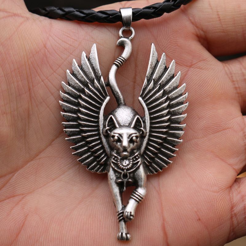 Mặt Vòng cổ Bằng Da Hình Tượng Mèo Ai Cập Bạc Thời Trang