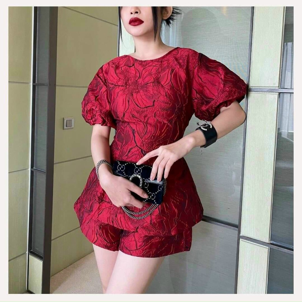 Set bộ gấm hoa áo buộc nơ lưng và quần ngắn