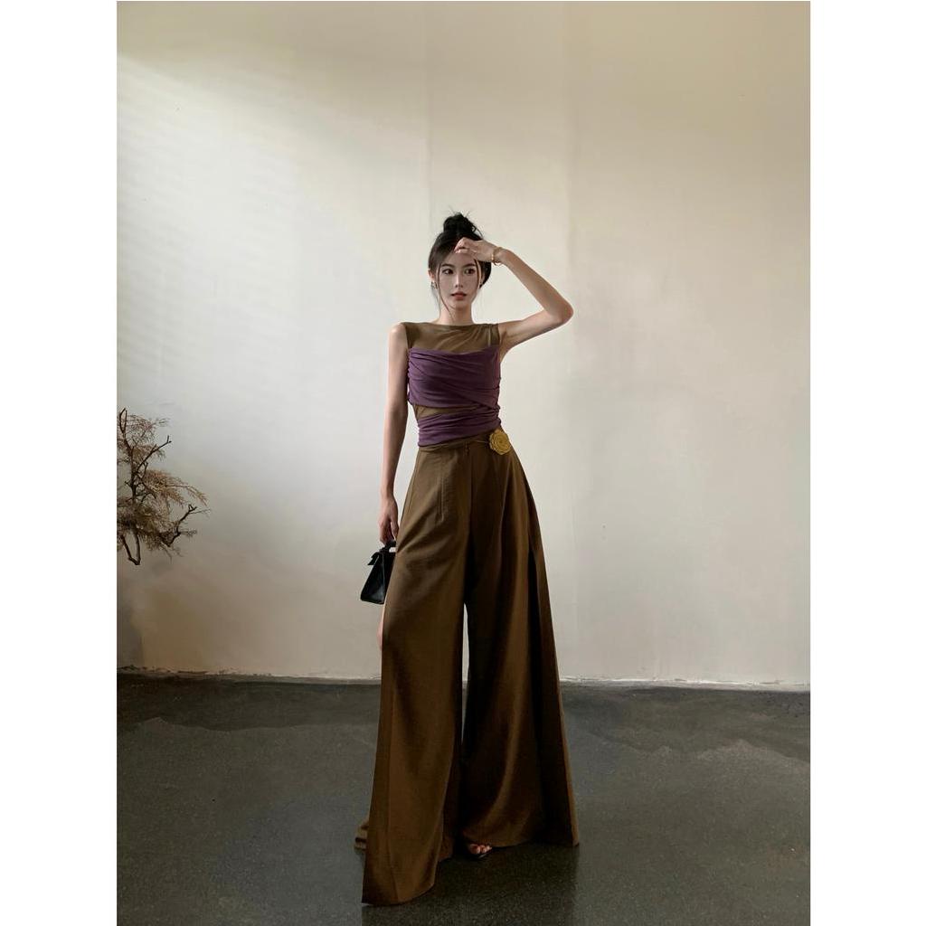 Bộ Áo Lưới Chắp Vá Với Quần Dài Dáng Rộng Xẻ Tà Và Giảm Béo (Đặt Hàng Riêng Lẻ)