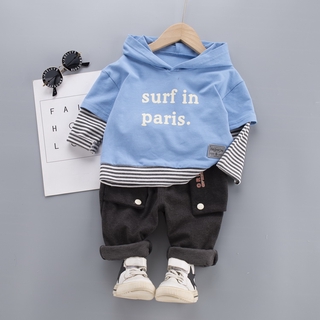 Áo hoodie tay dài phối kẻ sọc và quần dài thời trang cho bé