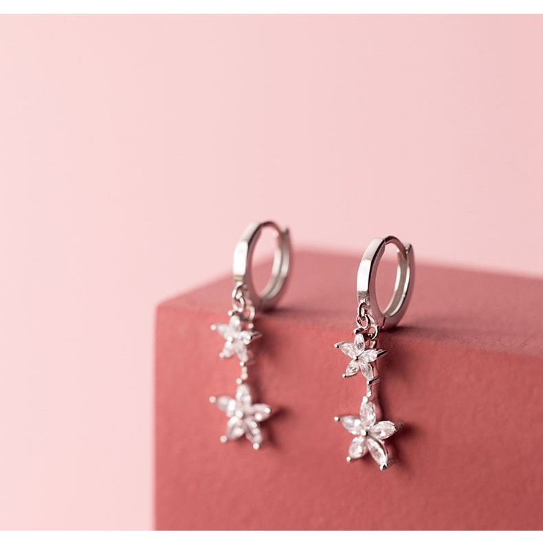 Khuyên tai bạc Ý s925 siêu phẩm hai đôi hoa 5 cánh thả dài E3919 - AROCH Jewelry