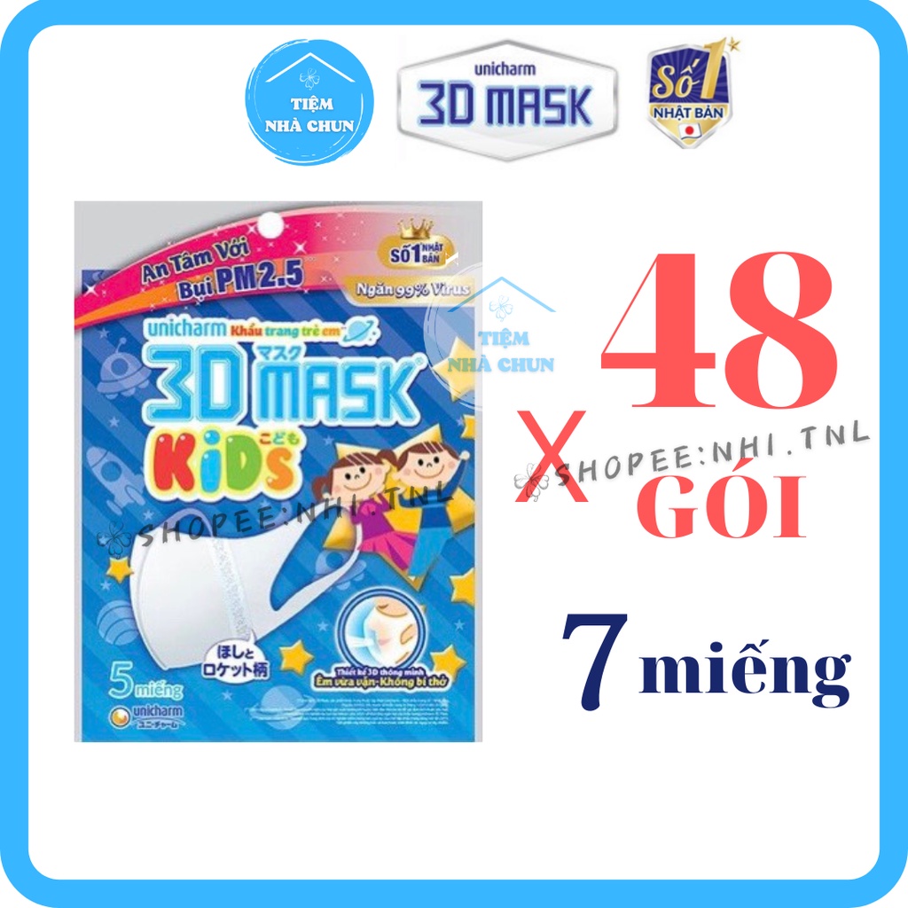 Thùng 48 Gói 5 Miếng Khẩu Trang Trẻ Em Unicharm 3D Mask Kid  Nhật Bản Cho Bé Từ 2 - 8 Tuổi - NHI.TNL