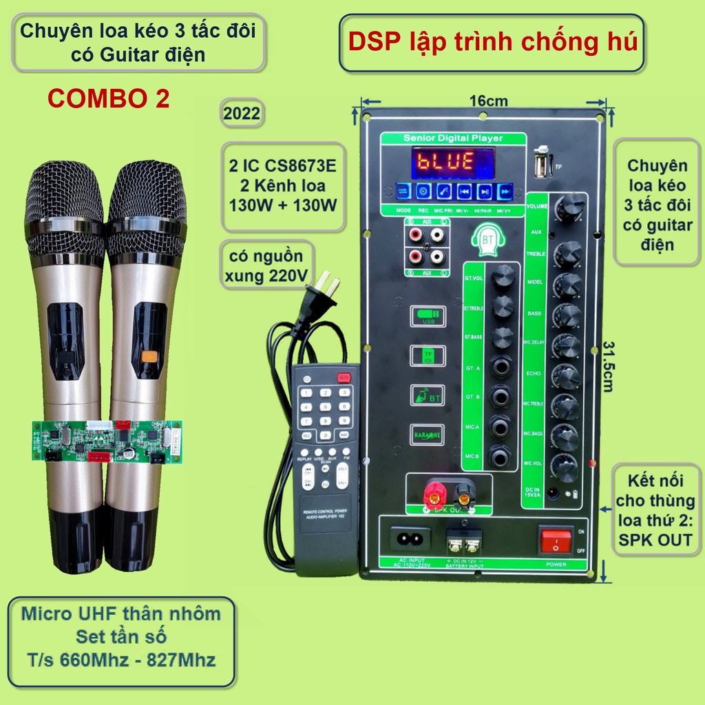 Mạch loa kéo 2 kênh 3 tấc đôi có Guitar điện 2 IC CS8673E 130W + 130W có nguồn xung 220V kèm Micro UHF đôi