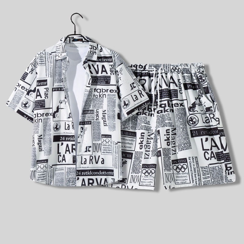 Ông Kobayashi-Set đồ đi biển gồm áo tay ngắn + quần lửng dáng rộng in hoa văn phong cách Hawaii cho nam