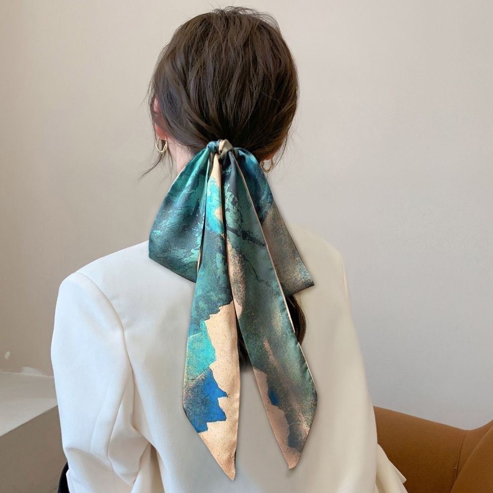ANEMONE Simple Silk Scarf Headband Retro Korean Style Headband Bow Hair Rope Printing Long Ribbon Braided Hair Sweet France Temperament Female Headwear
