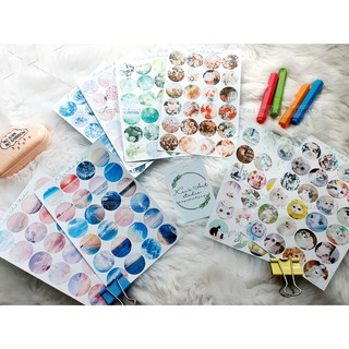 Sticker tròn nhiều chủ đề tự nhiên, hoa cỏ, mây trời, biển, mèo dễ thương, cute trang trí sổ xinh đáng yêu tiện lợi