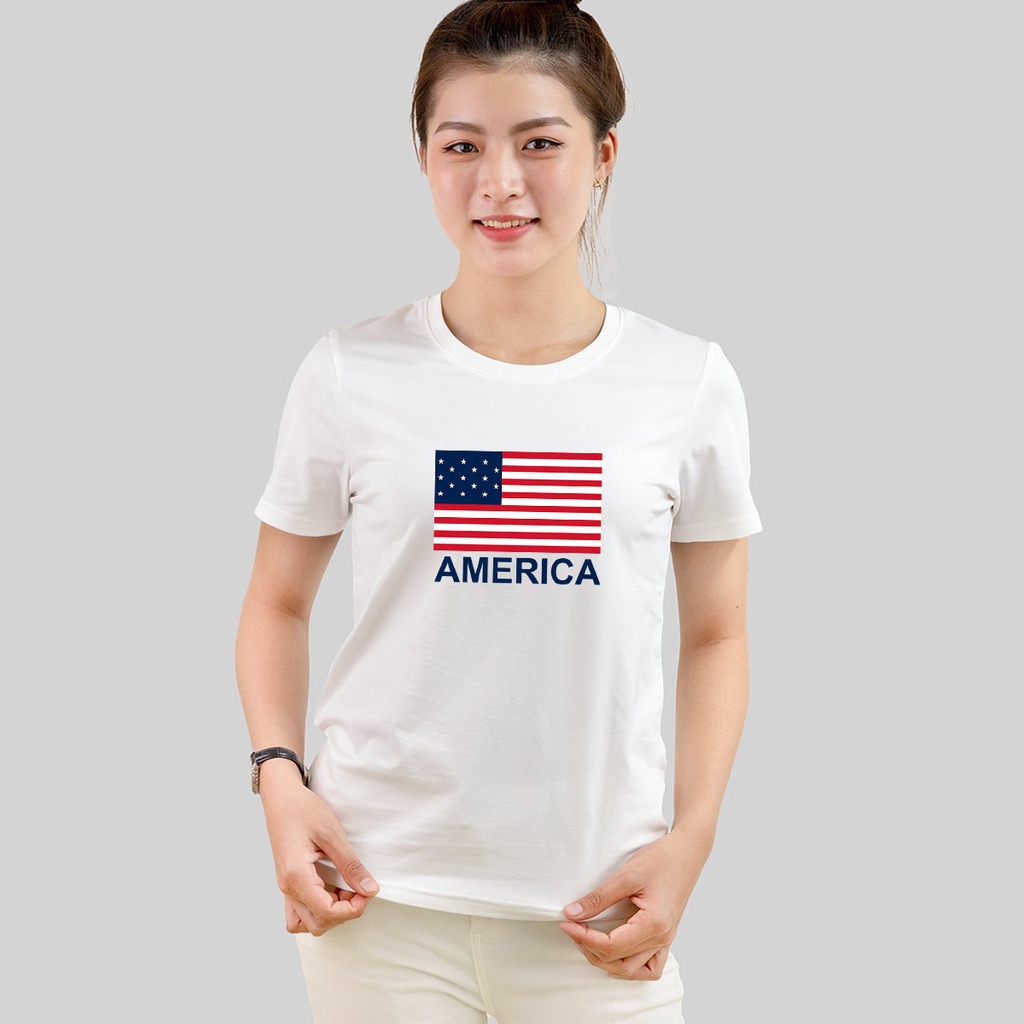Áo thun nữ TOLI cổ tròn màu vàng in AMERICA, 100% cotton 4 chiều mềm mịn, co dãn, form suông cơ bản