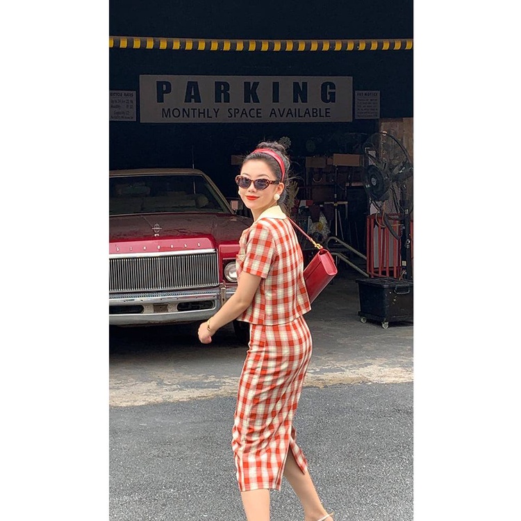 Set kẻ caro công sở rời LELY S018 cổ cánh sen mix chân váy dáng dài